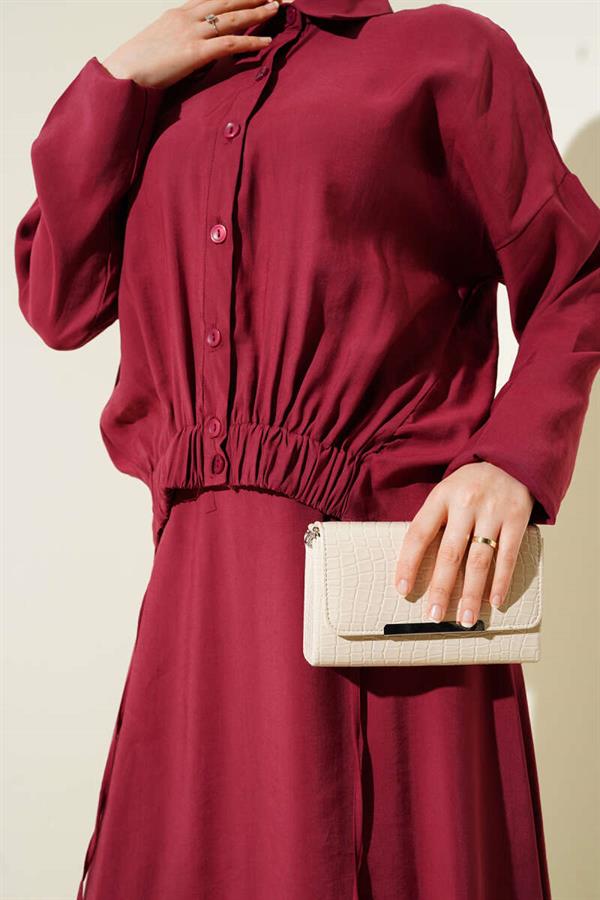 Two-Piece Burgundy Suit with Elastic Detailed Skirt