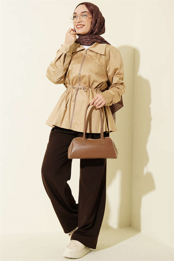 Elastic Waistband, Zip-Up Jacket, Beige