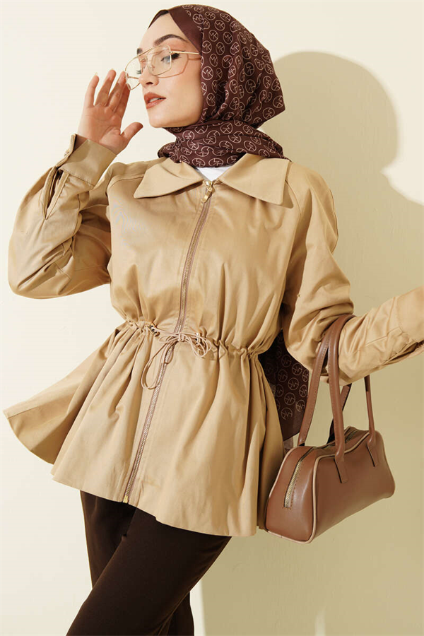 Elastic Waistband, Zip-Up Jacket, Beige