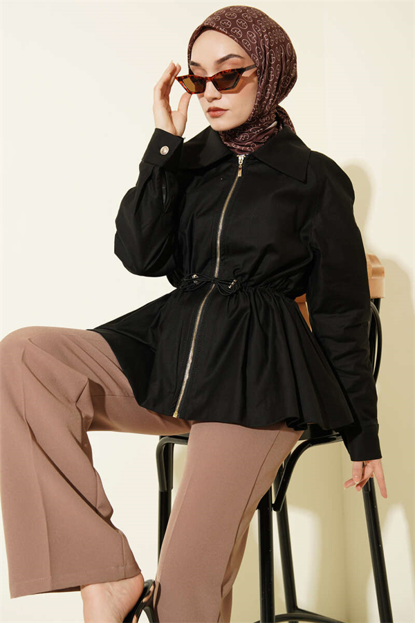 Black Jacket with Elastic Waistband and Zipper