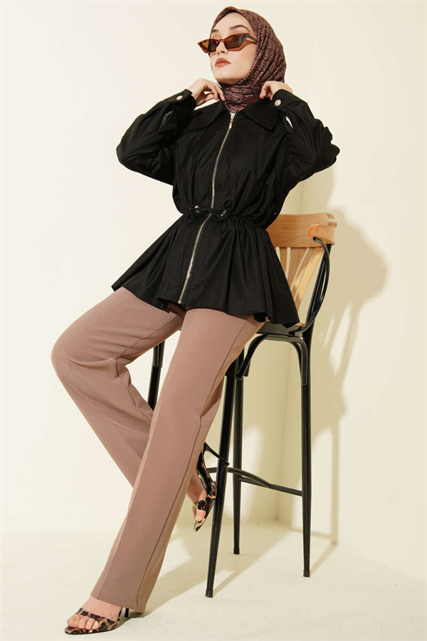 Black Jacket with Elastic Waistband and Zipper