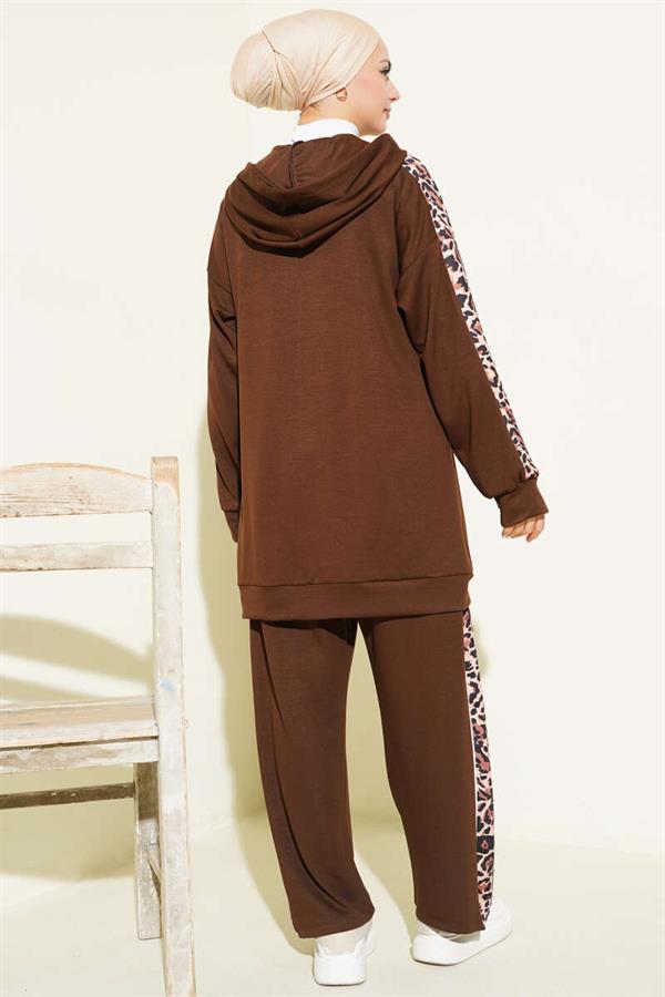 Leopard Print Trimmed Hooded 2 Piece Set in Coffee