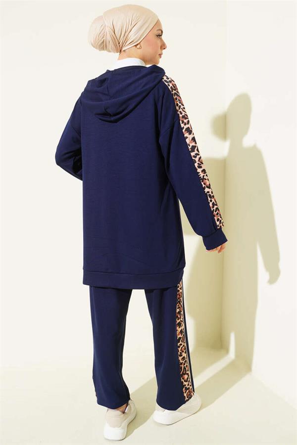 Leopard Print Trimmed Hooded 2 Piece Set, Navy Blue
