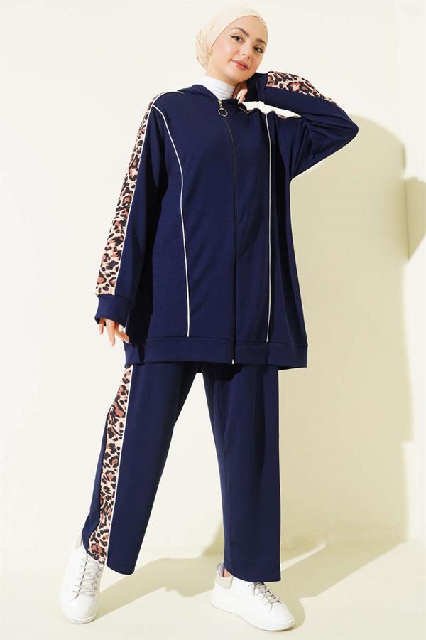 Leopard Print Trimmed Hooded 2 Piece Set, Navy Blue