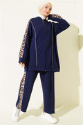 Leopard Print Trimmed Hooded 2 Piece Set, Navy Blue