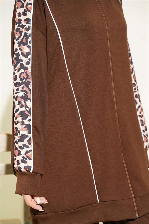 Leopard Print Trimmed Hooded 2 Piece Set in Coffee