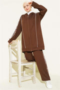 Leopard Print Trimmed Hooded 2 Piece Set in Coffee