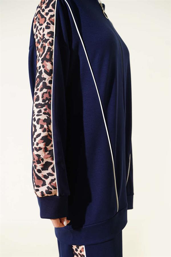 Leopard Print Trimmed Hooded 2 Piece Set, Navy Blue