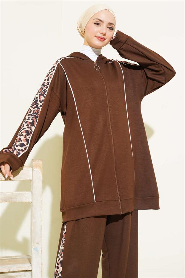 Leopard Print Trimmed Hooded 2 Piece Set in Coffee