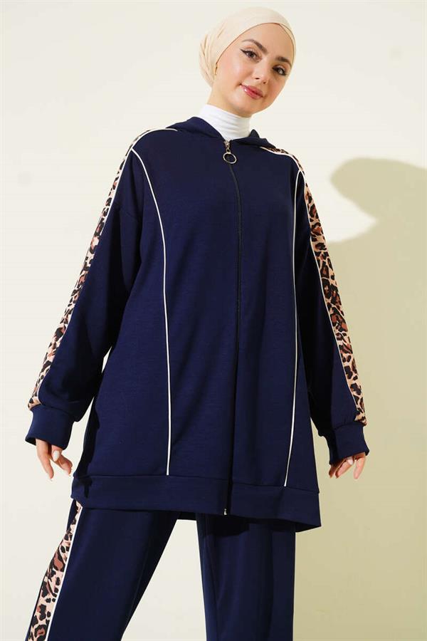 Leopard Print Trimmed Hooded 2 Piece Set, Navy Blue