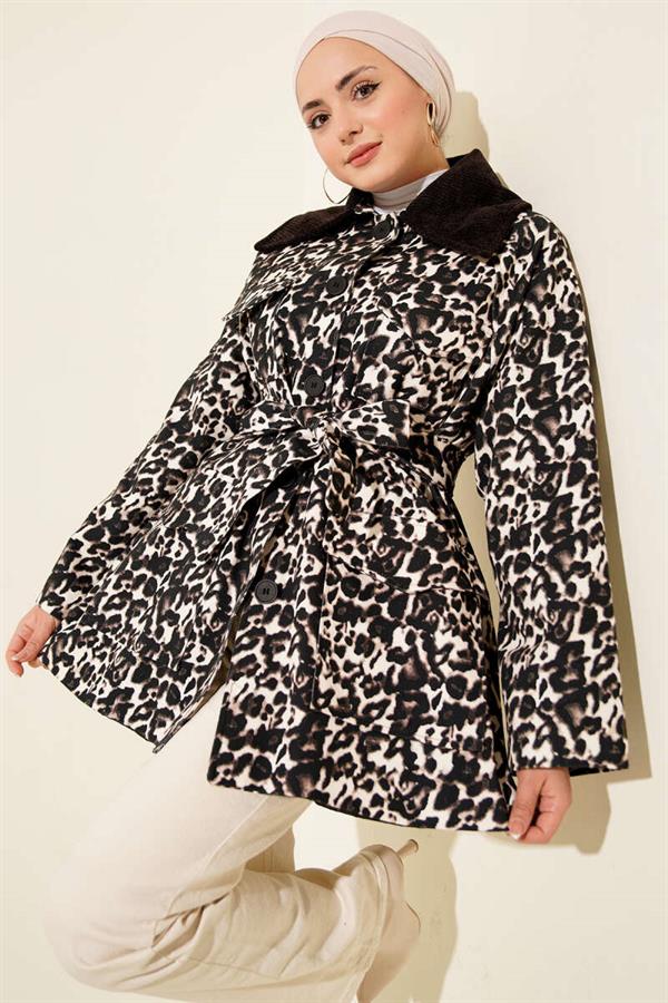 Leopard Pattern Velvet Collar Trench Coat Brown