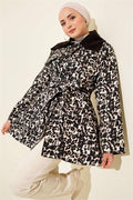Leopard Pattern Velvet Collar Trench Coat Brown