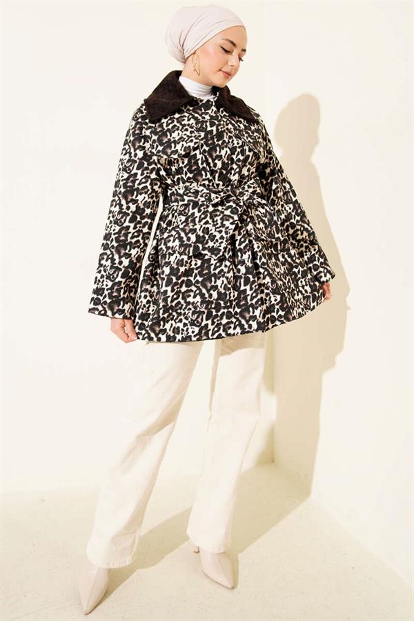 Leopard Pattern Velvet Collar Trench Coat Brown