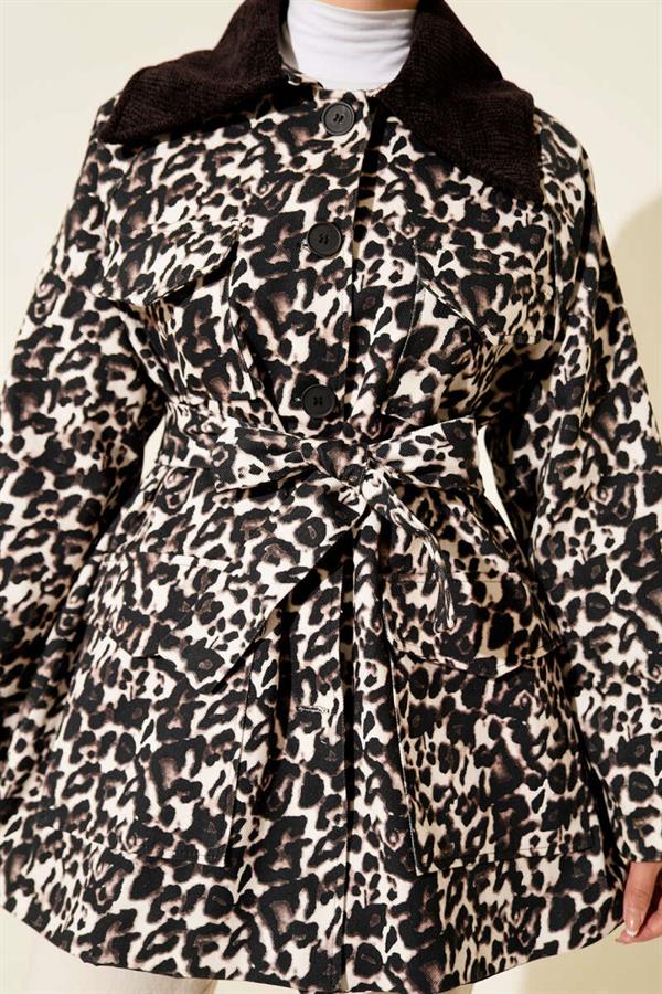 Leopard Pattern Velvet Collar Trench Coat Brown