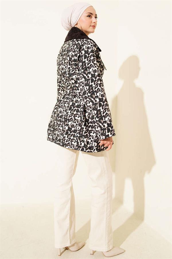 Leopard Pattern Velvet Collar Trench Coat Brown