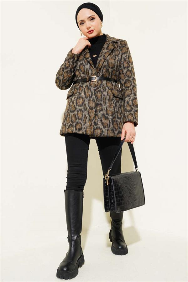 Leopard Pattern Belted Blazer Jacket Tan