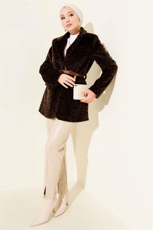 Leopard Pattern Belted Thai Feather Jacket Brown