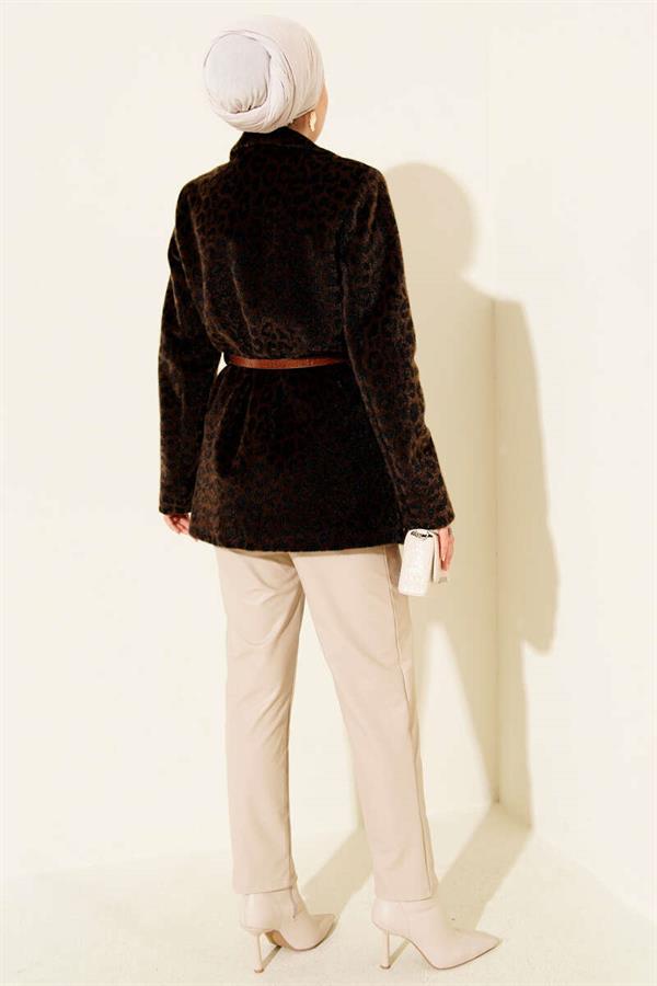 Leopard Pattern Belted Thai Feather Jacket Brown