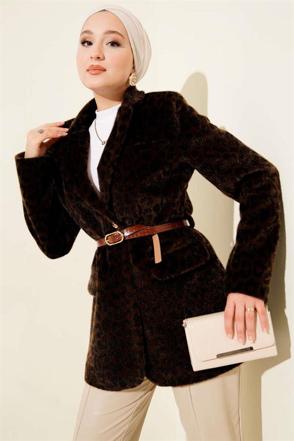 Leopard Pattern Belted Thai Feather Jacket Brown