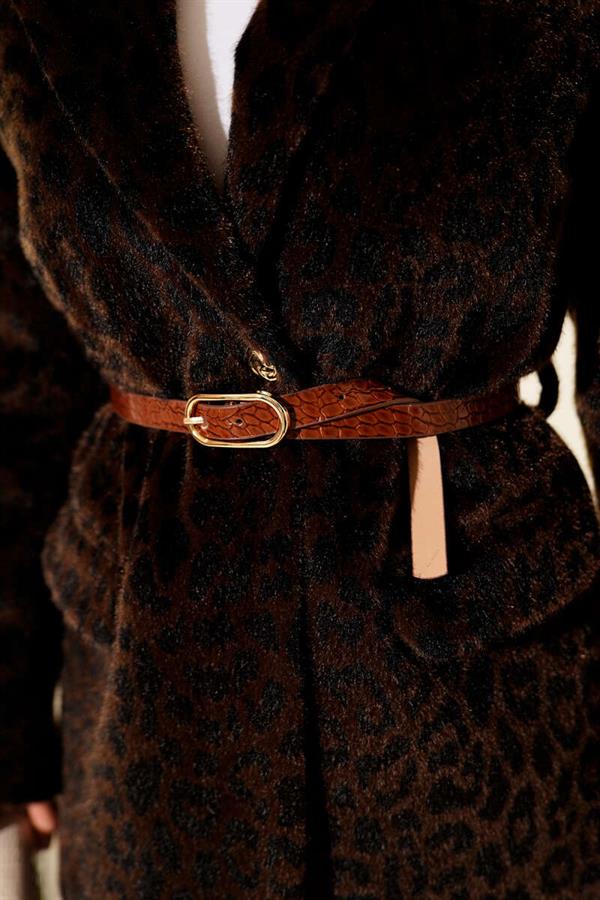 Leopard Pattern Belted Thai Feather Jacket Brown