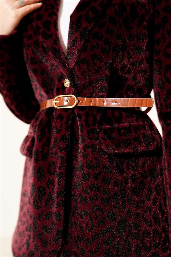 Leopard Pattern Belted Thai Feather Jacket Plum