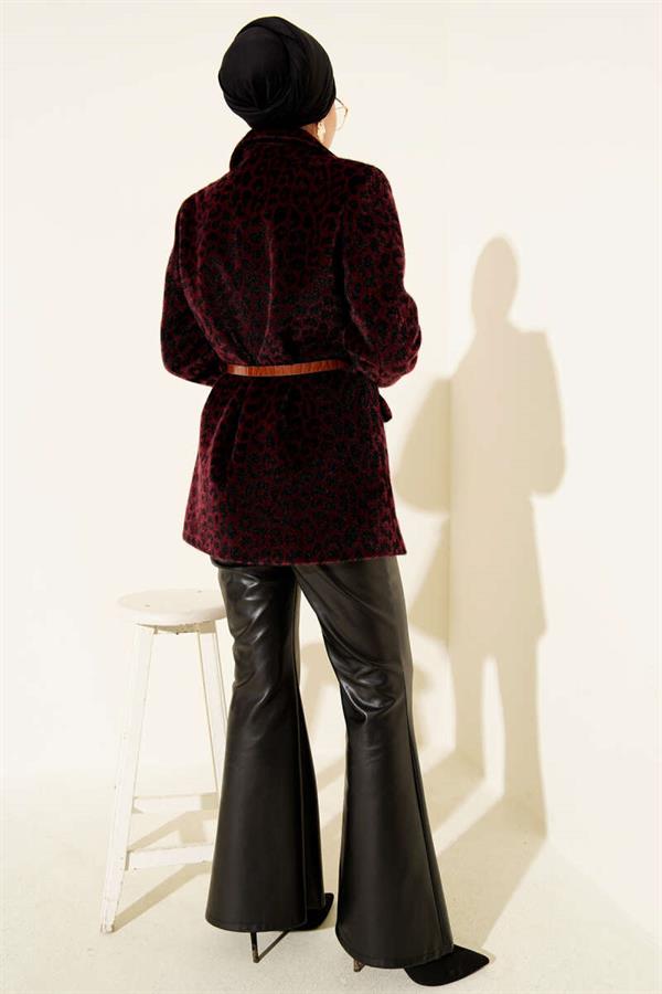 Leopard Pattern Belted Thai Feather Jacket Plum