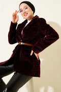 Leopard Pattern Belted Thai Feather Jacket Plum