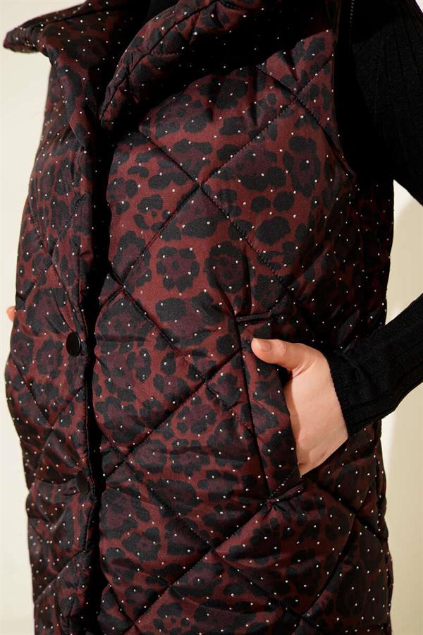 Leopard Print Embellished Quilted Vest, Coffee