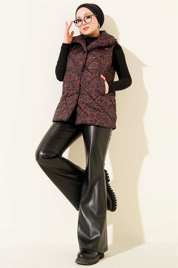Leopard Print Embellished Quilted Vest, Coffee