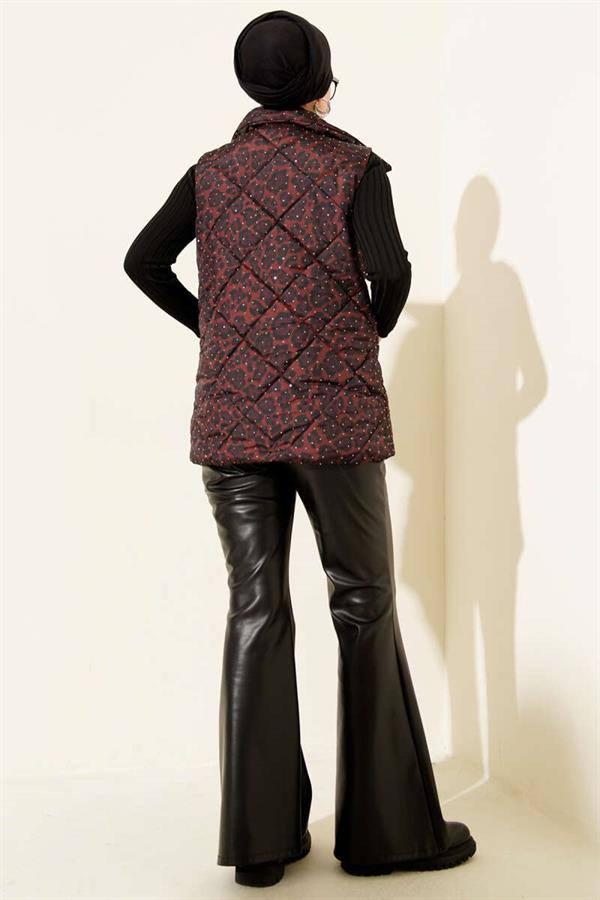 Leopard Print Embellished Quilted Vest, Coffee