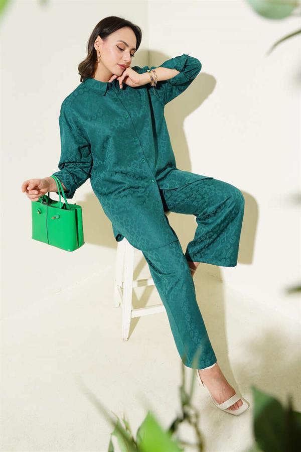 Leopard Patterned Jacquard 2 Piece Set Green