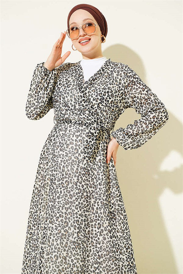 Leopard Print Wrap Dress, Ecru