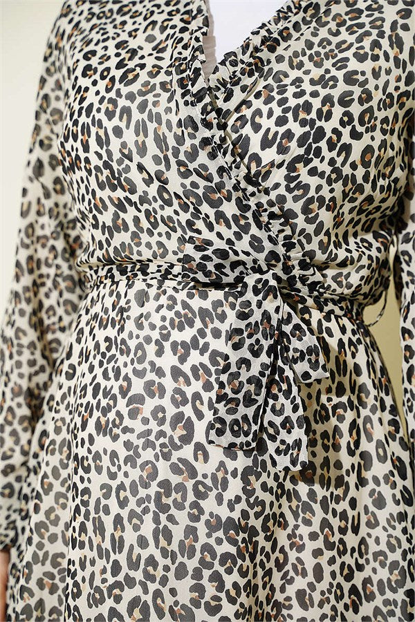 Leopard Print Wrap Dress, Ecru