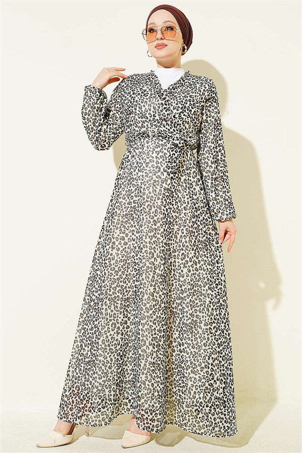 Leopard Print Wrap Dress, Ecru