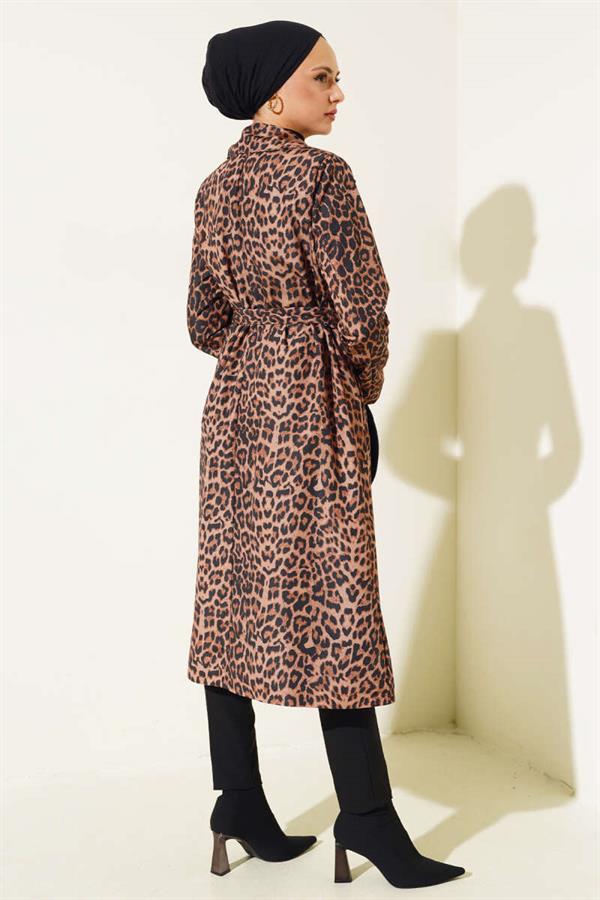 Leopard Pattern Belted Trench Coat Camel