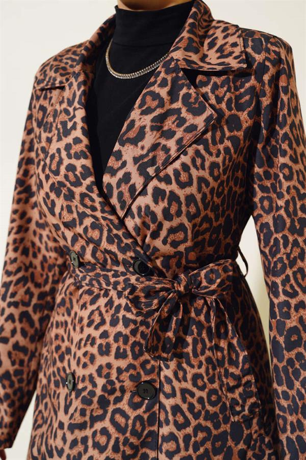 Leopard Pattern Belted Trench Coat Camel