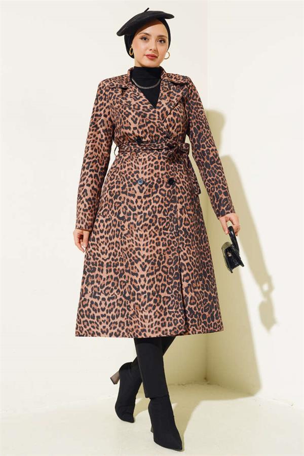 Leopard Pattern Belted Trench Coat Camel