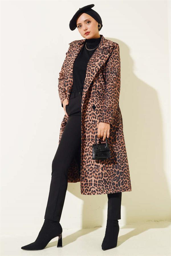 Leopard Pattern Belted Trench Coat Camel