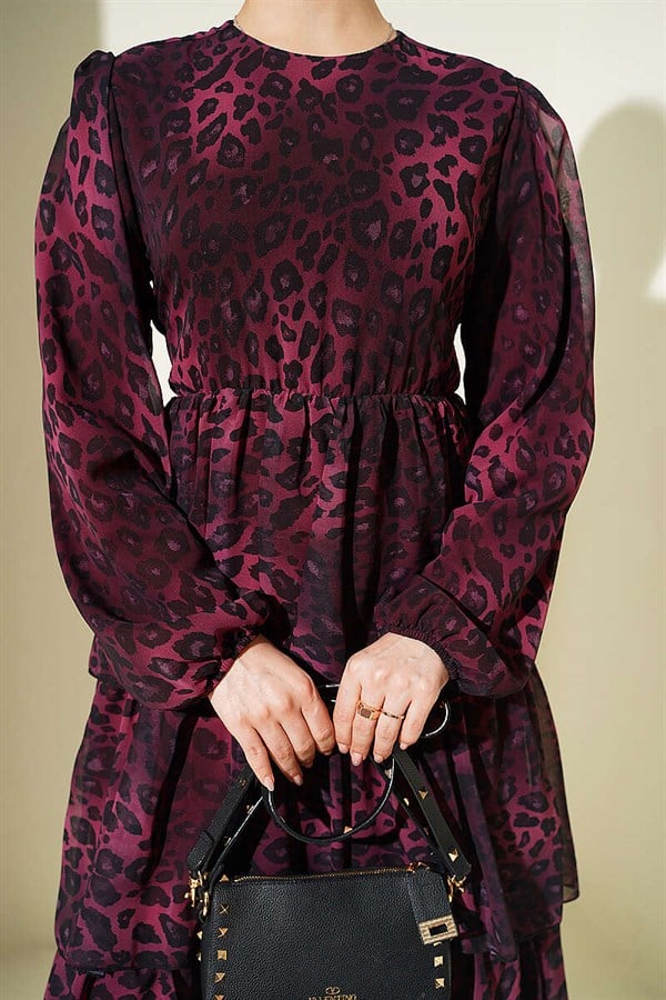 Leopard Print Chiffon Layered Dress Burgundy