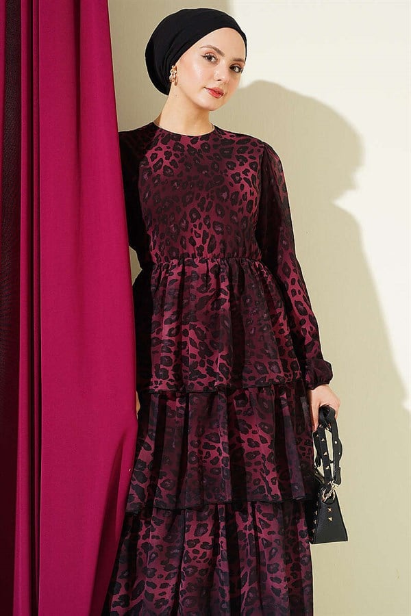 Leopard Print Chiffon Layered Dress Burgundy