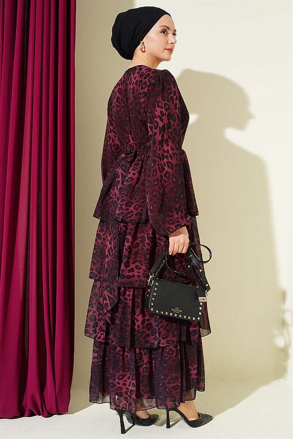 Leopard Print Chiffon Layered Dress Burgundy