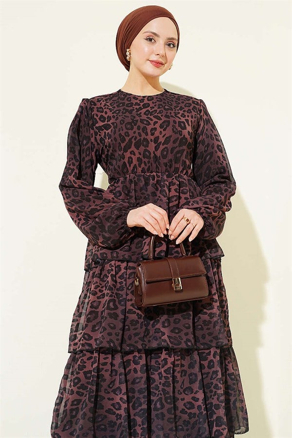 Leopard Print Chiffon Layered Dress, Coffee