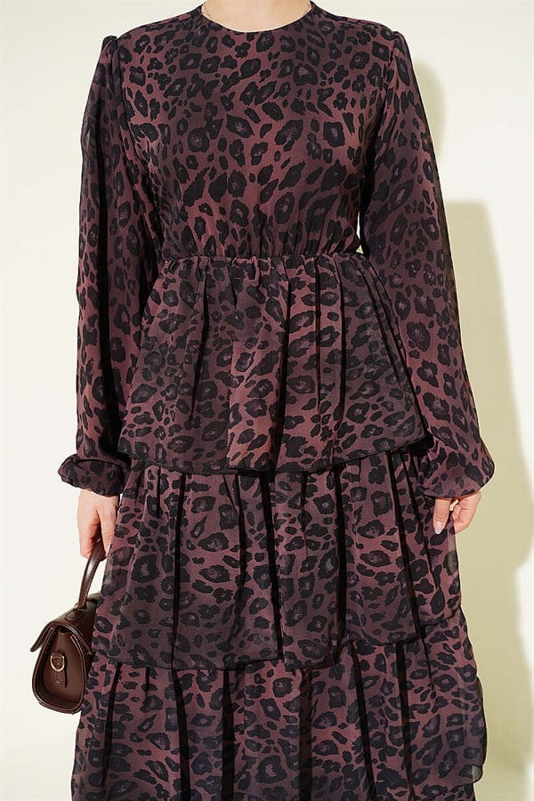 Leopard Print Chiffon Layered Dress, Coffee