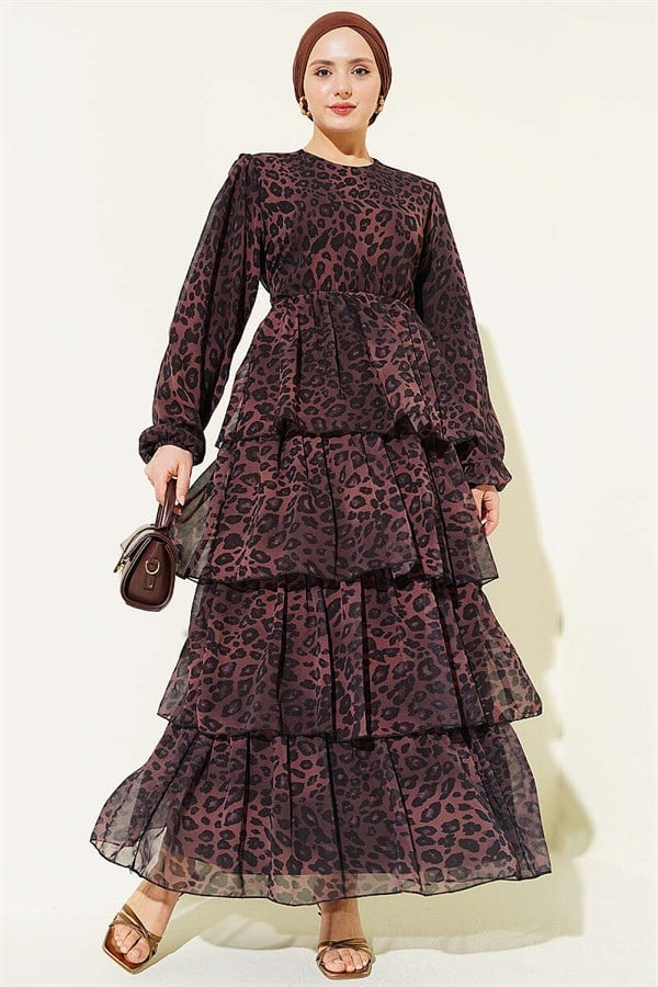 Leopard Print Chiffon Layered Dress, Coffee