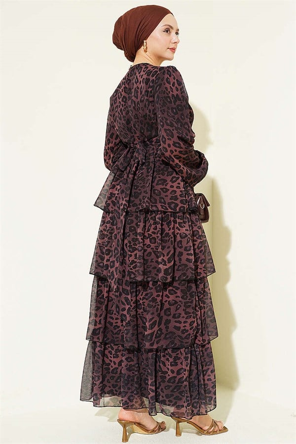 Leopard Print Chiffon Layered Dress, Coffee