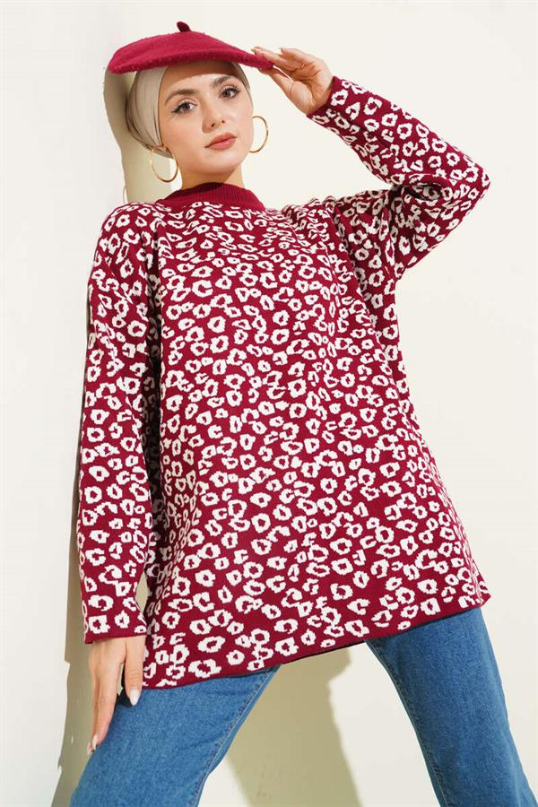 Leopard Print Knitted Tunic, Burgundy