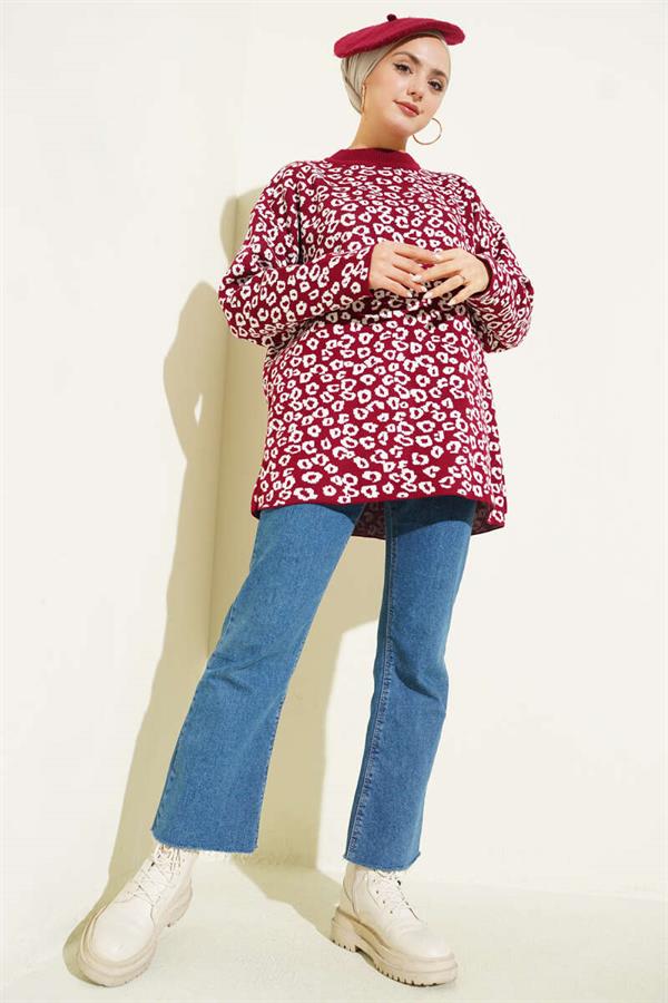 Leopard Print Knitted Tunic, Burgundy