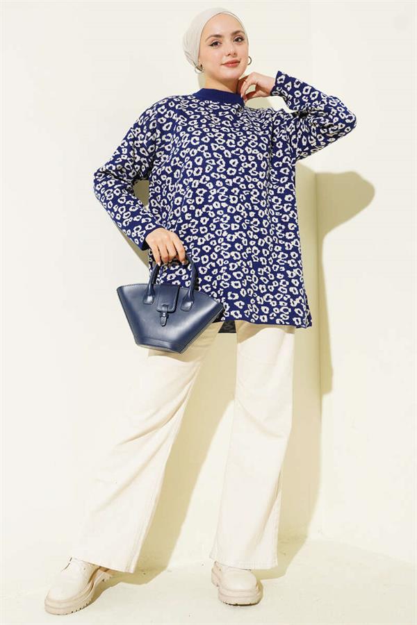 Leopard Print Knitted Tunic Navy Blue