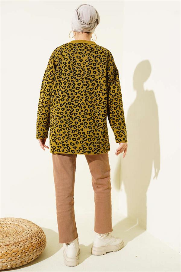 Leopard Print Knitted Tunic in Olive Green