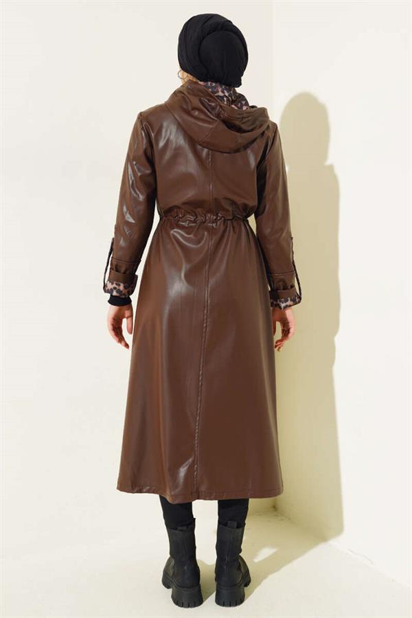 Leopard Detailed Hooded Long Leather Trench Coat Brown
